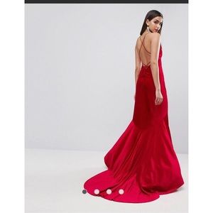 RED, deep plunge, velvet maxi dress